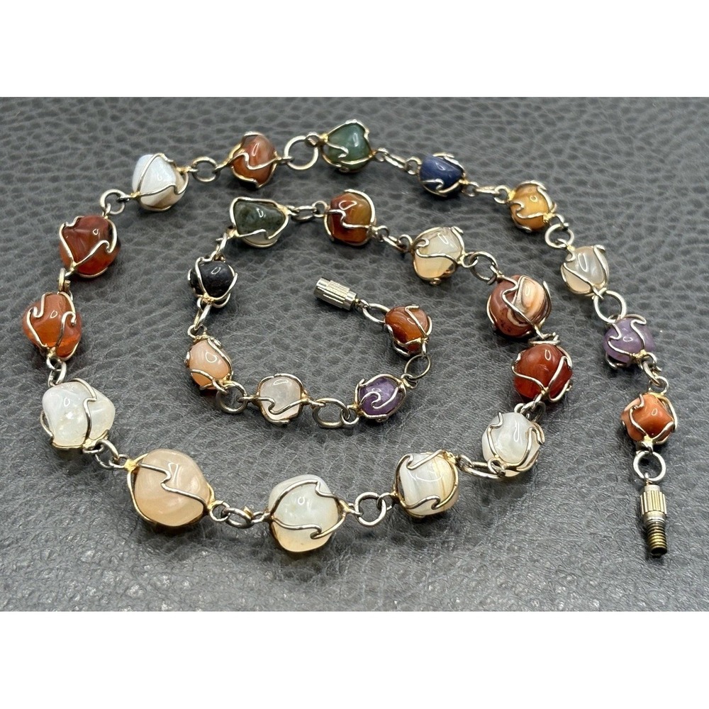 VTG Wire Wrapped Multicolor Agate Amethyst Gemstone Beggars Bead Necklace 20"